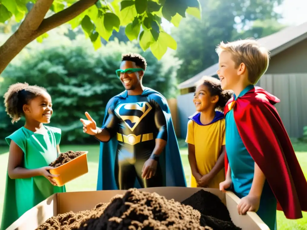 Niños en trajes de superhéroes compostando juntos en un patio, guiados por un adulto con técnicas de compostaje en casa