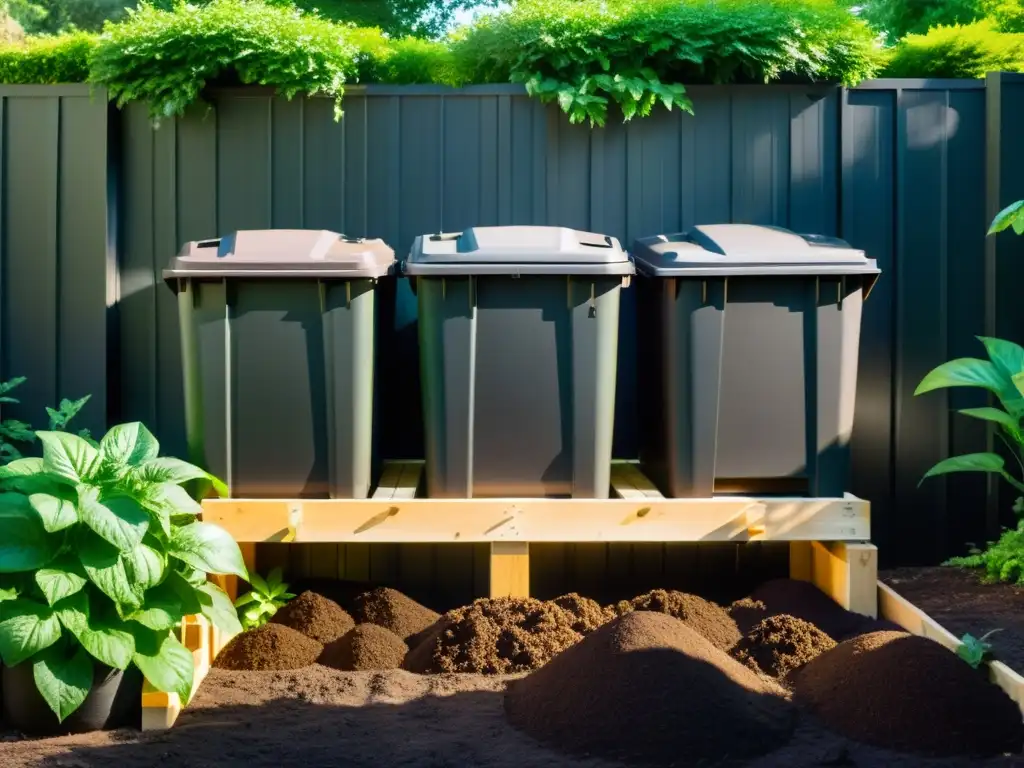 Un oasis de compostaje efectivo en casa: contenedores ordenados rodeados de exuberante vegetación, bañados por la luz del sol