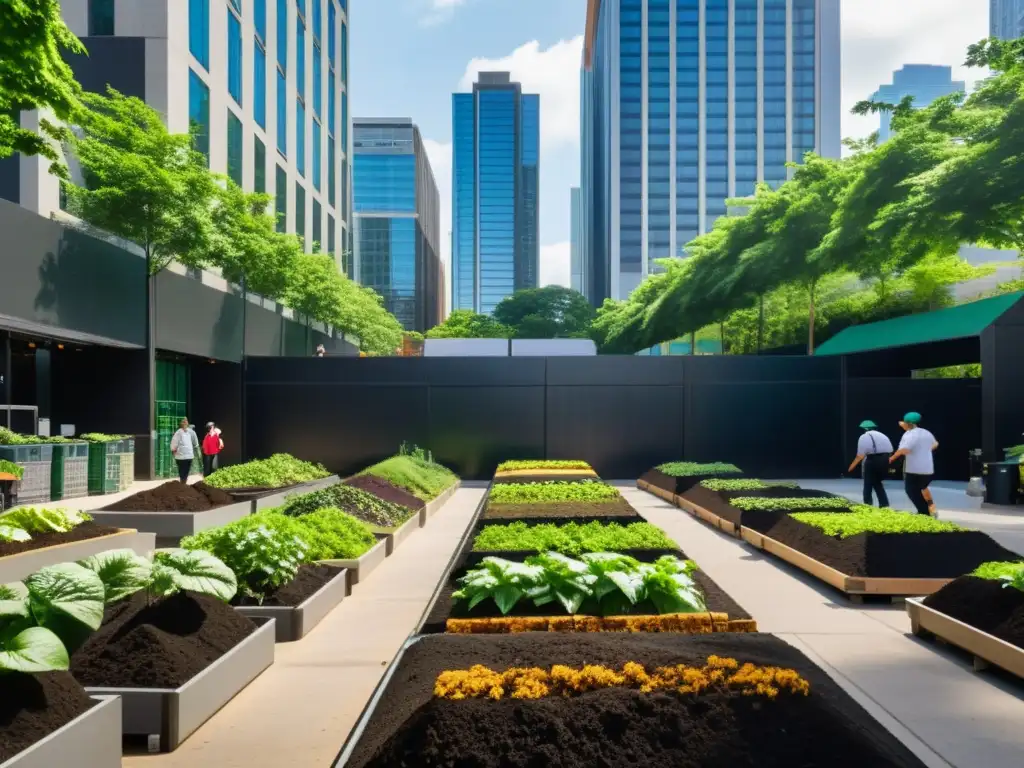 Un oasis de compostaje urbano entre rascacielos y bullicio, donde la naturaleza y la sostenibilidad se abren paso