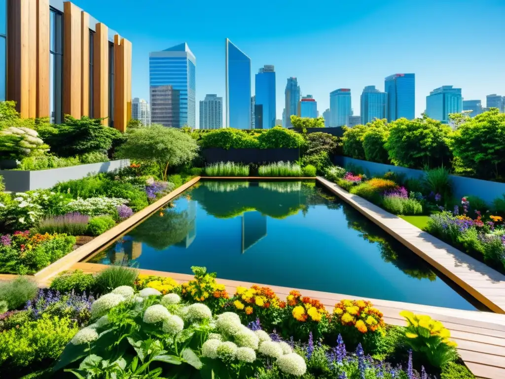 Un oasis urbano en la azotea transforma edificio comercial espacio verde con jardín, árboles, bancos de madera y una atmósfera tranquila