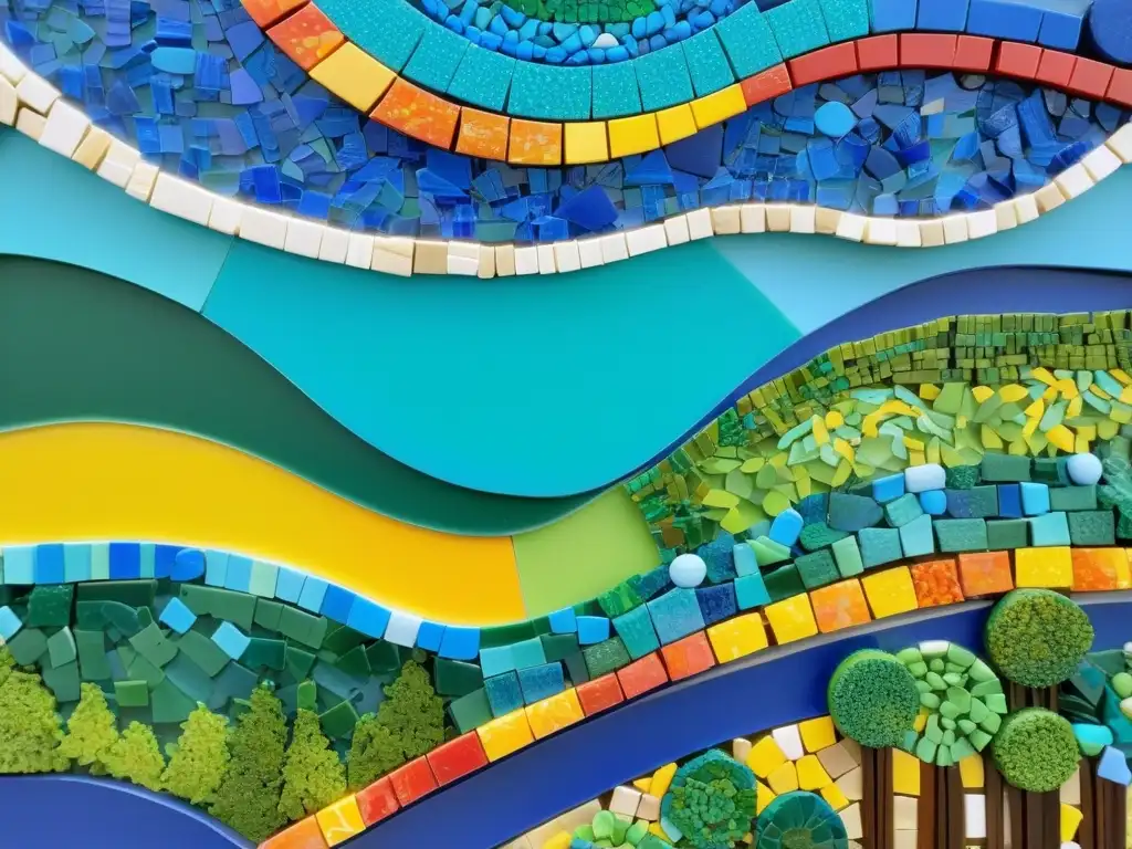 Obra de arte de mosaico vibrante y colorida, creada con materiales plásticos reciclados