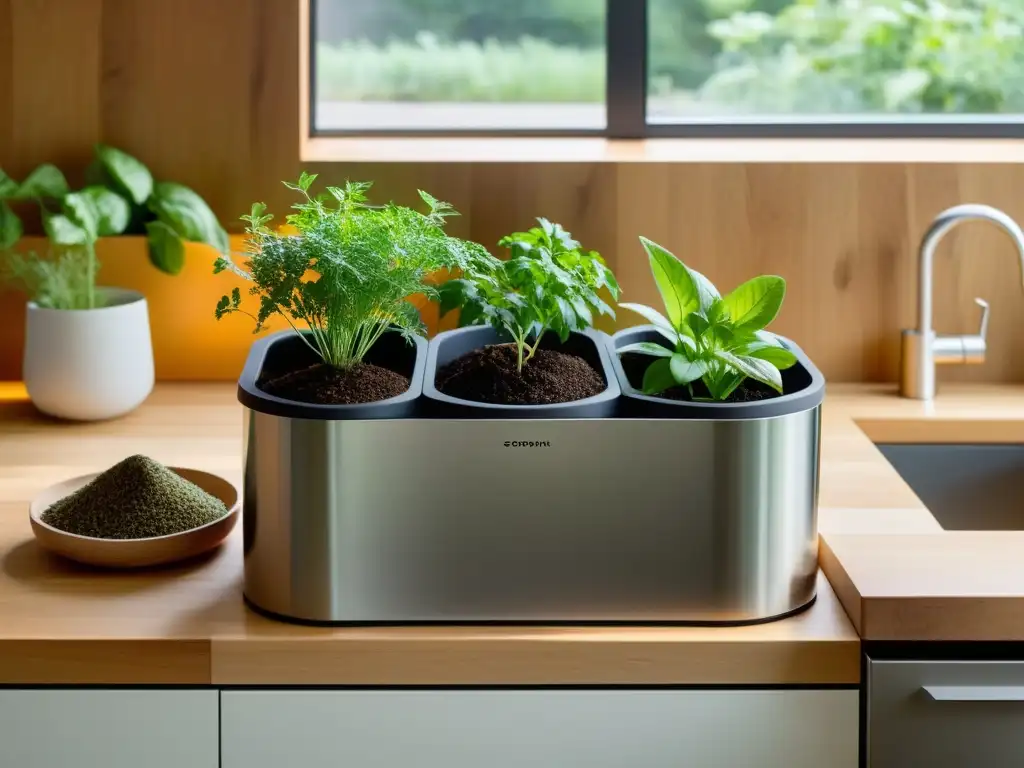 Ampliar oferta compostaje residuos hogar: Cocina moderna con compostera, reciclaje ordenado y hierbas en suaves luces naturales