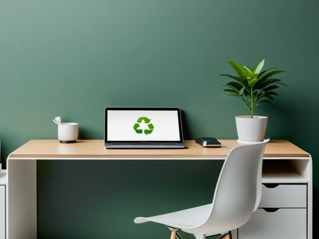 Oficina minimalista con laptop, planta y reciclaje, reflejando estrategias verdes en entornos profesionales