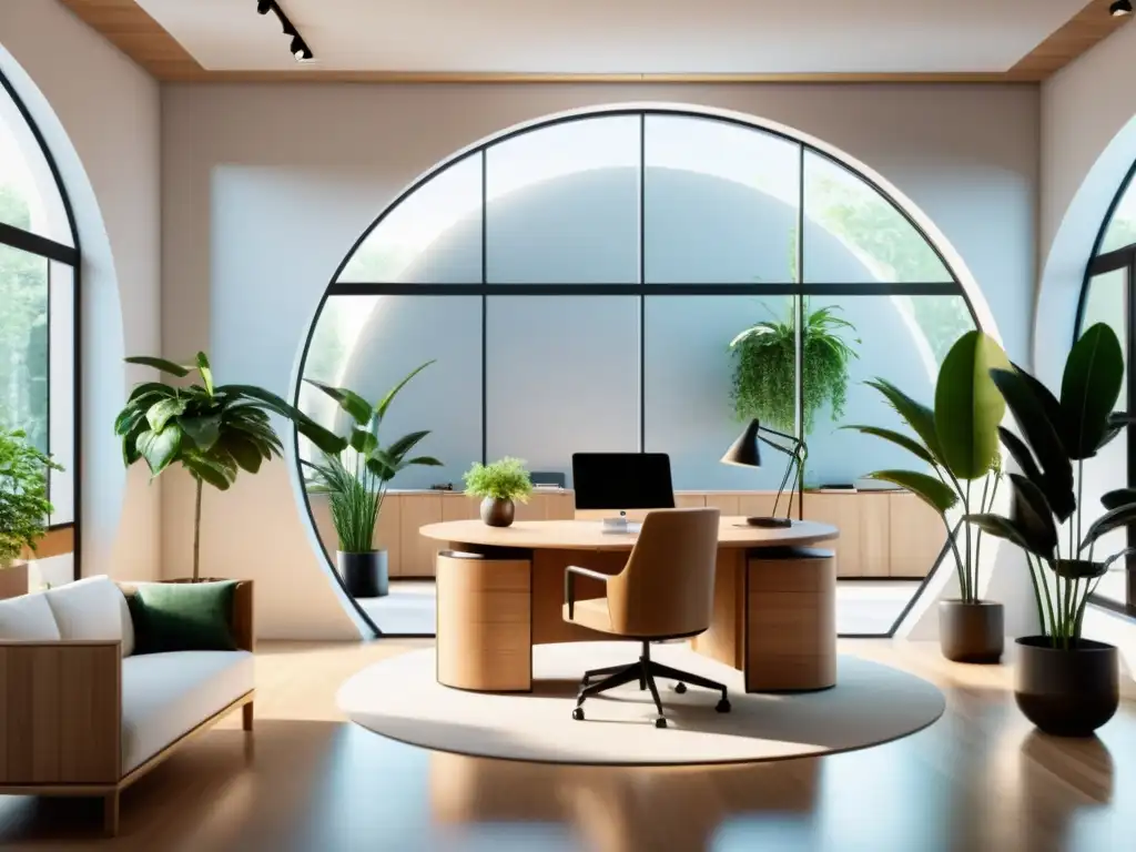 Oficina minimalista con luz natural, muebles de madera y elementos de diseño circular