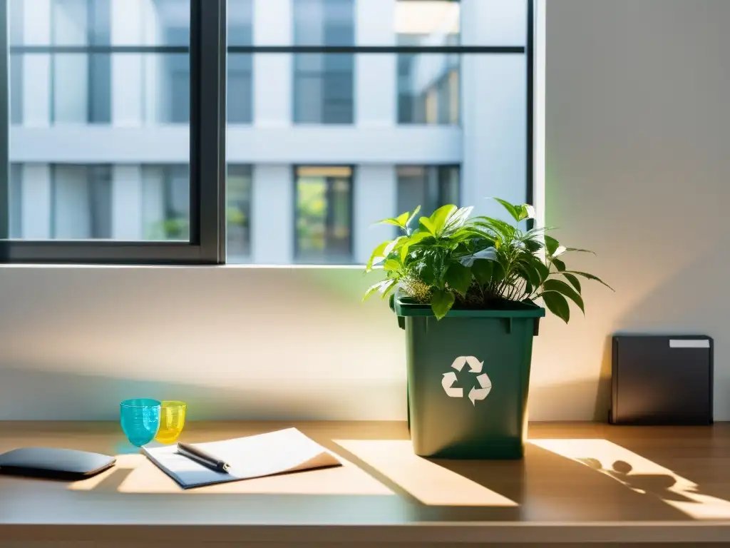 Oficina sostenible: reciclaje en un entorno minimalista Oficina minimalista con reciclaje ordenado y luz natural