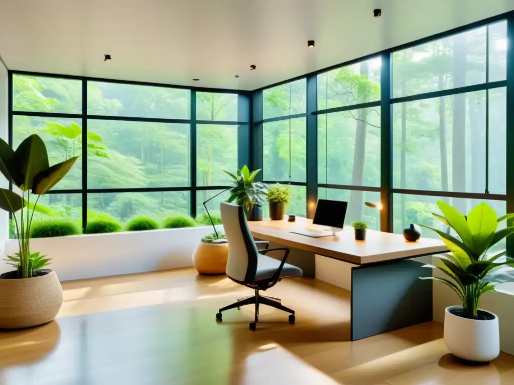 Oficina minimalista con vista a un bosque verde, muebles sostenibles y plantas