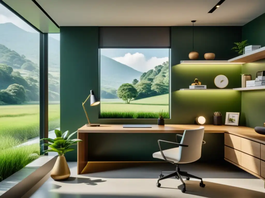 Oficina minimalista con vista a paisaje verde, ventana amplia y luz natural