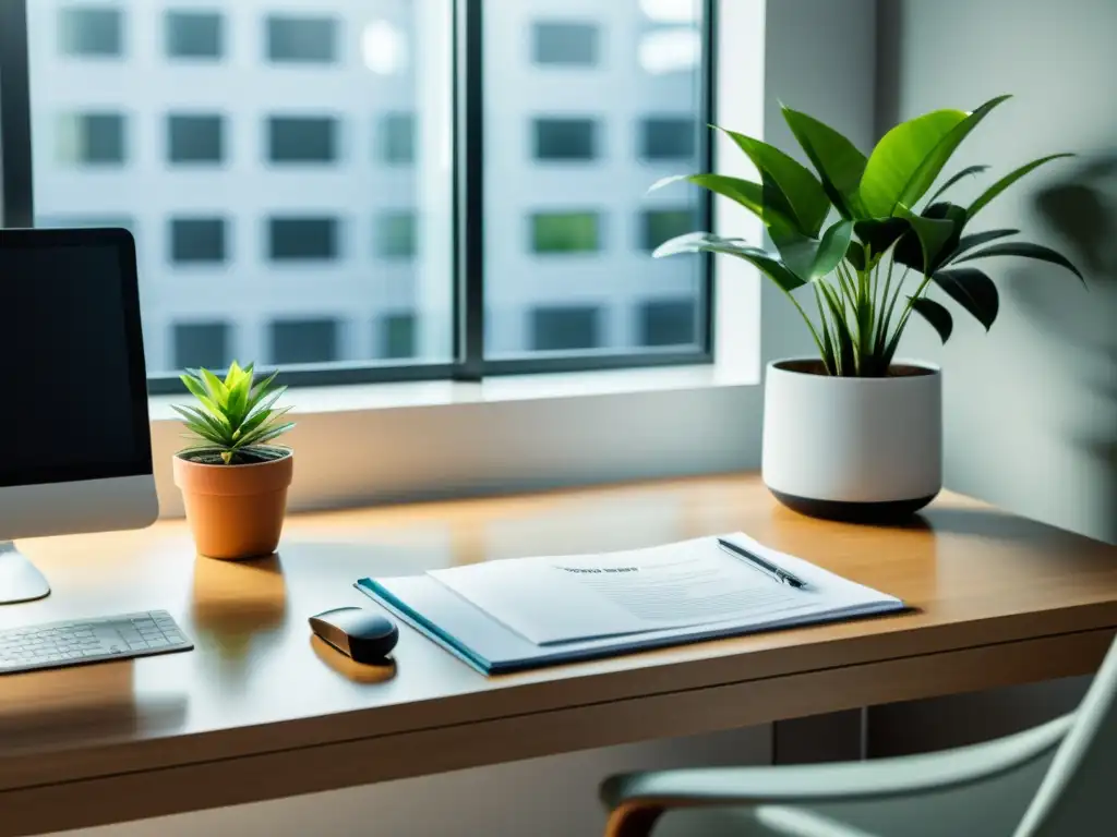 Oficina moderna con computadora, planta y reportes financieros