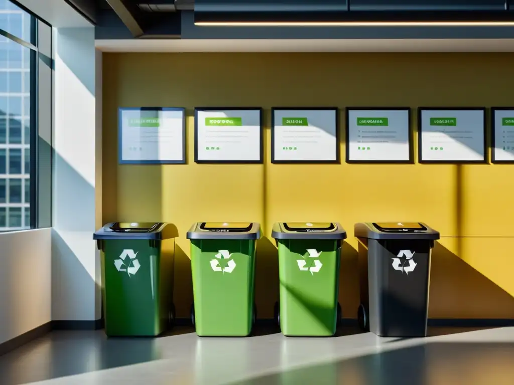 Oficina moderna con prácticas de reciclaje eficientes Oficina moderna con contenedores de reciclaje estratégicamente ubicados