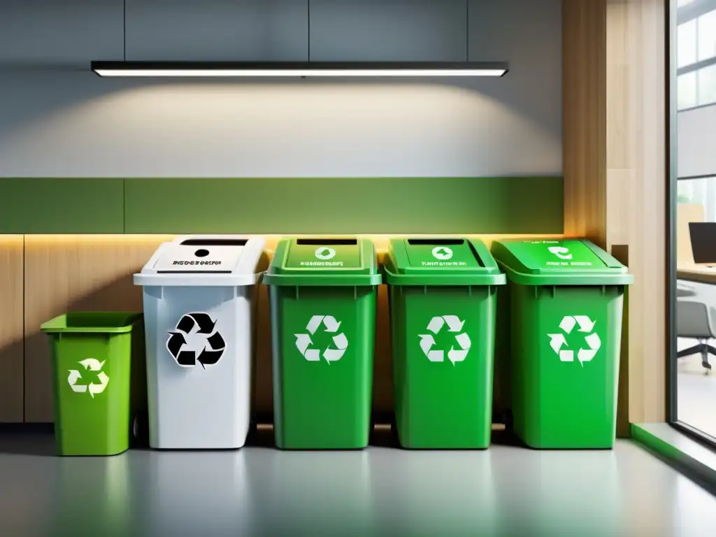 Oficina moderna con estrategia de reciclaje, promoviendo un ambiente fresco y sostenible