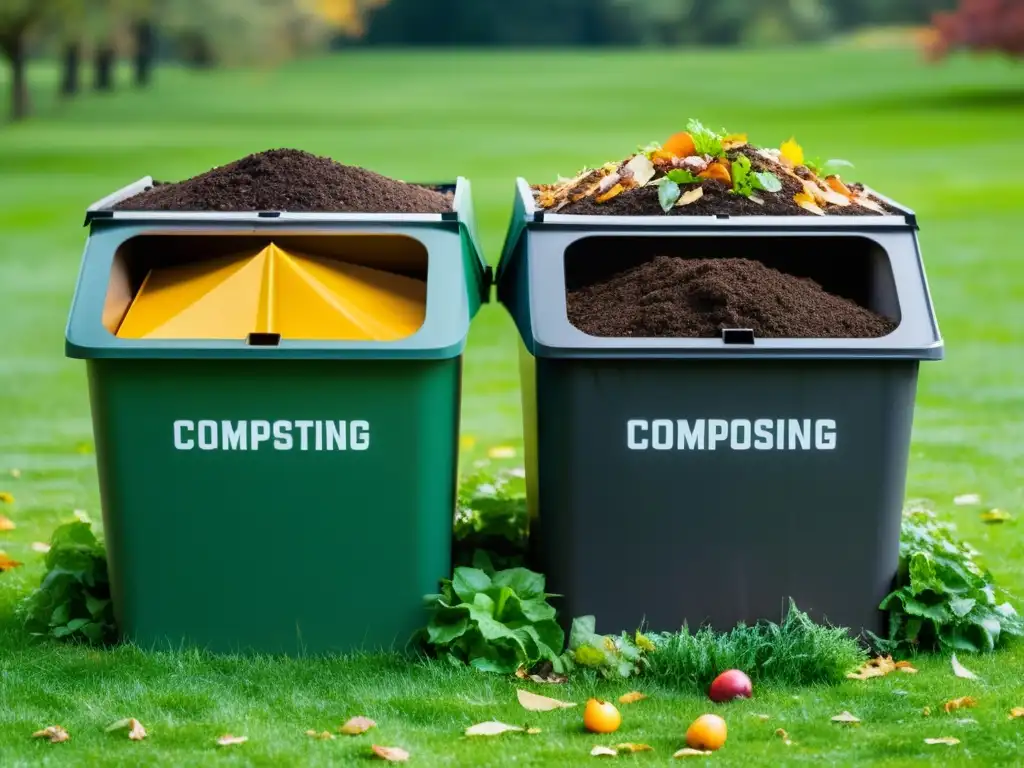 Tres opciones de equipos de compostaje para jardines domésticos en un exuberante césped, rodeados de desechos naturales y luz suave