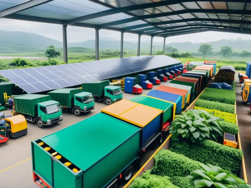 Operarios clasificando materiales reciclables en una planta de reciclaje con camiones eléctricos