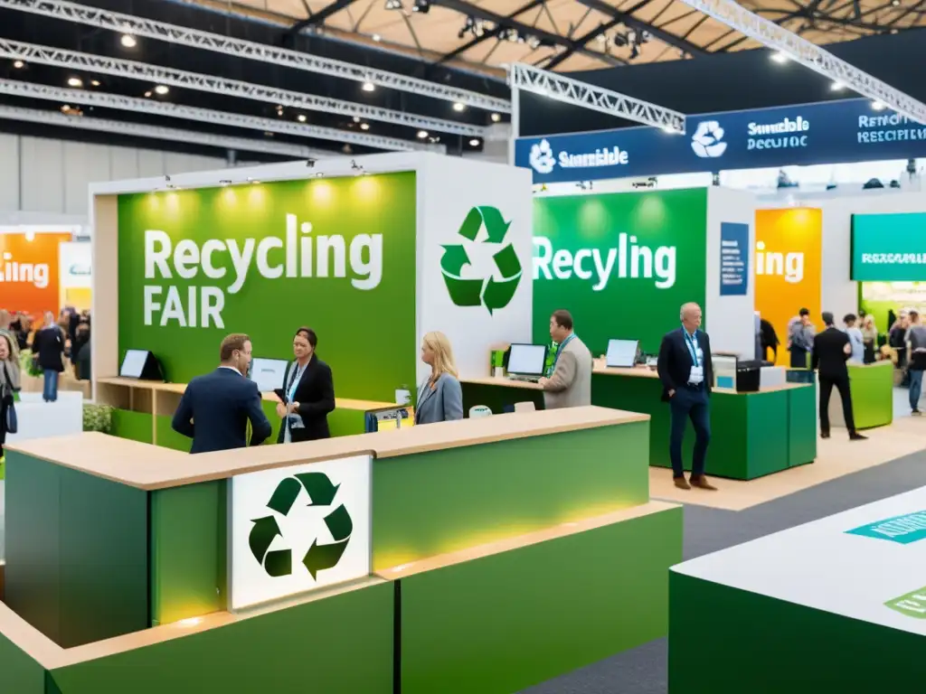 Oportunidades de patrocinio en ferias de reciclaje: Imagen minimalista de una concurrida feria de reciclaje, con stands y asistentes participando en demostraciones educativas