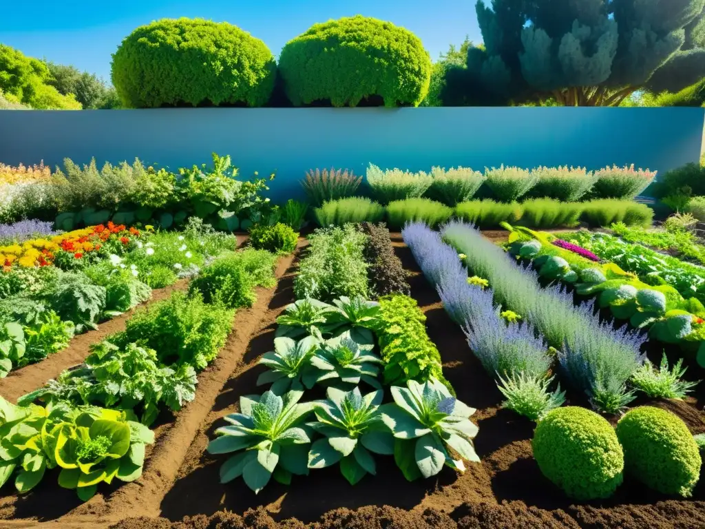 Un jardín orgánico exuberante y armonioso, con plantas verdes y flores coloridas bajo el suave sol