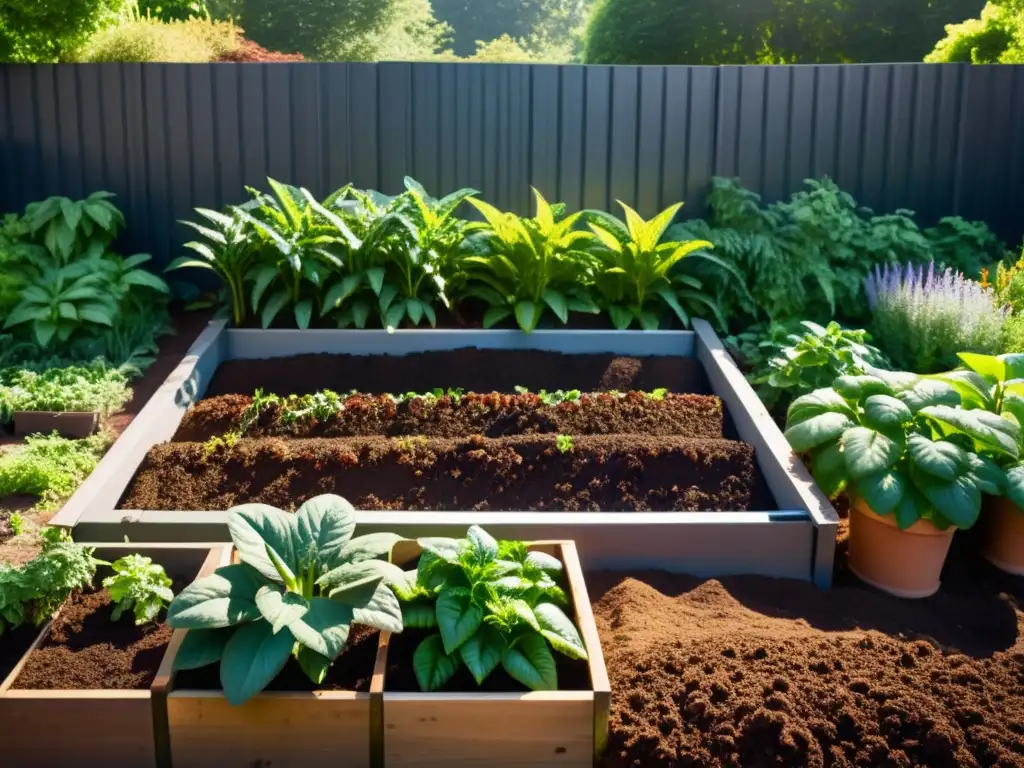 Un jardín orgánico exuberante con compostaje ordenado y plantas vibrantes