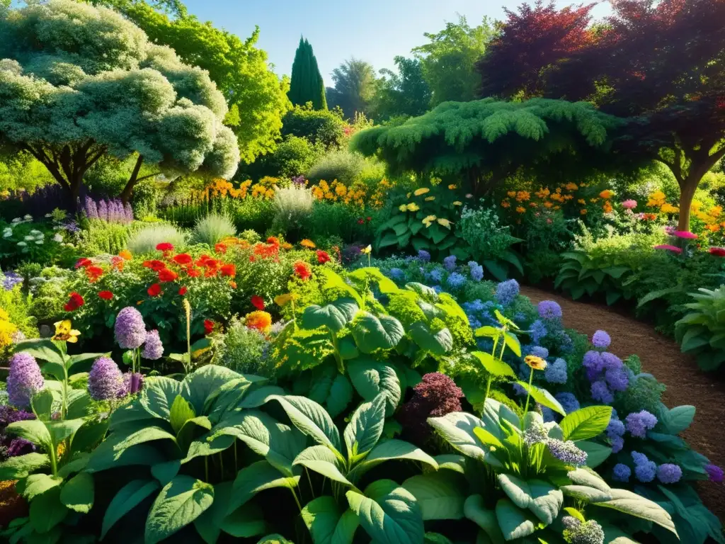 Un jardín orgánico exuberante, repleto de flores y vegetales vibrantes