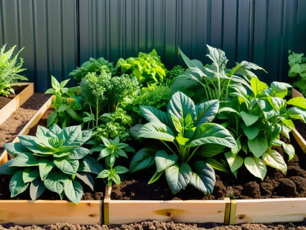 Jardín orgánico exuberante con vegetales y hierbas, destacando el control de malas hierbas en compostaje