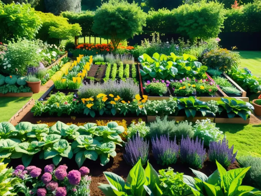 Un jardín orgánico exuberante y vibrante con flores y vegetales coloridos, bañados por la luz del sol