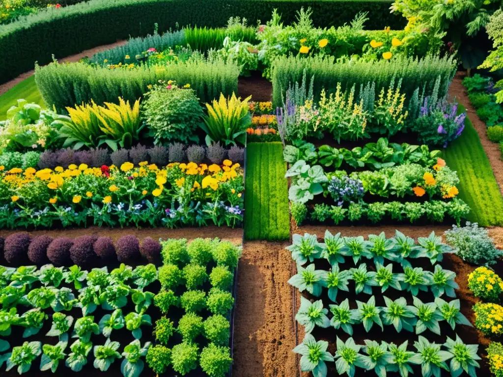 Un jardín orgánico exuberante y vibrante, lleno de plantas saludables y flores coloridas