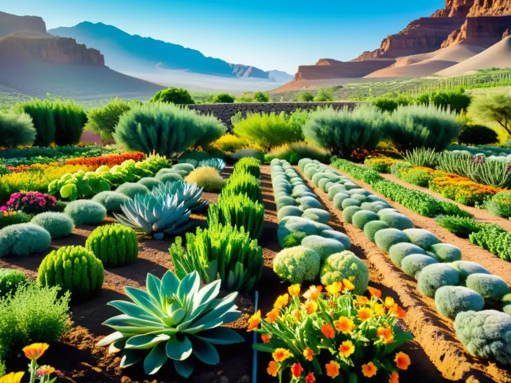 Un jardín orgánico floreciente en un entorno extremo, muestra la belleza del compostaje en jardinería orgánica climas extremos