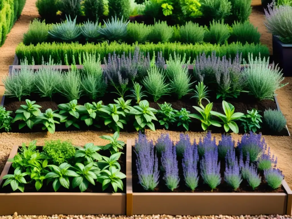 Jardín orgánico de hierbas: serenidad y abundancia Un jardín orgánico de hierbas aromáticas con compostaje, exudando serenidad y abundancia