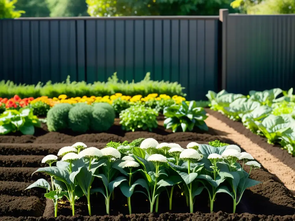 Jardín orgánico tranquilo y equilibrado, con vegetales y flores vibrantes