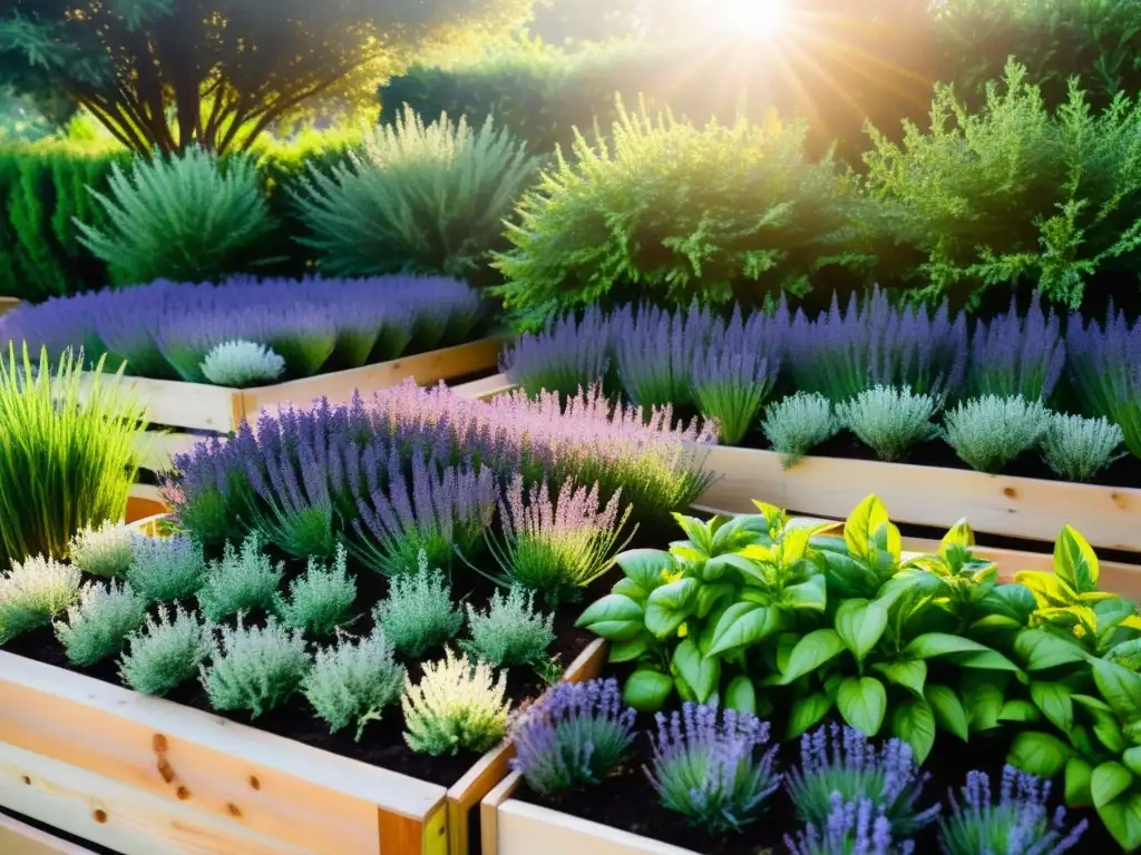 Jardín de hierbas vibrante y aromático: una muestra de vida y color Un jardín orgánico vibrante y exuberante lleno de hierbas aromáticas como lavanda, romero, tomillo y albahaca, bañado por la cálida luz del sol