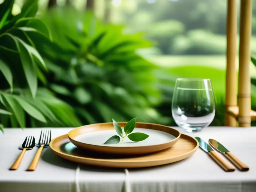 Organización de eventos sostenibles: Mesa elegante al aire libre con vajilla de bambú y cubiertos de acero, rodeada de exuberante vegetación