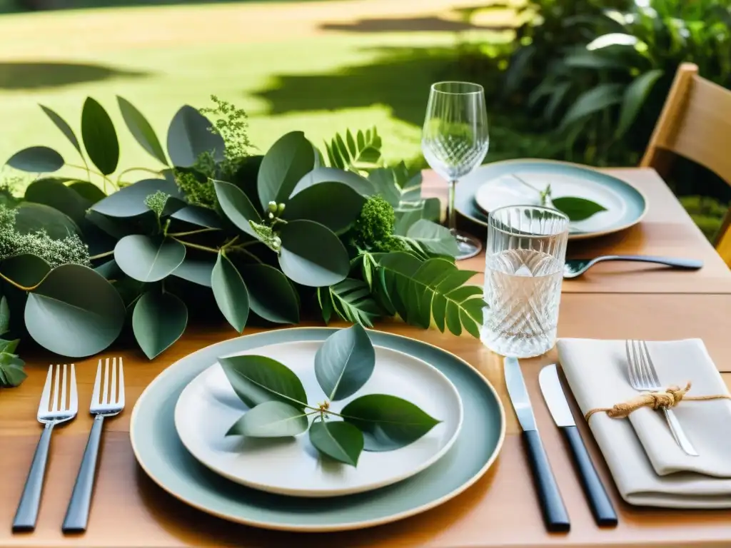 Organización de eventos sostenibles: Mesa elegante y sostenible en entorno natural, con vajilla reutilizable y decoración ecofriendly