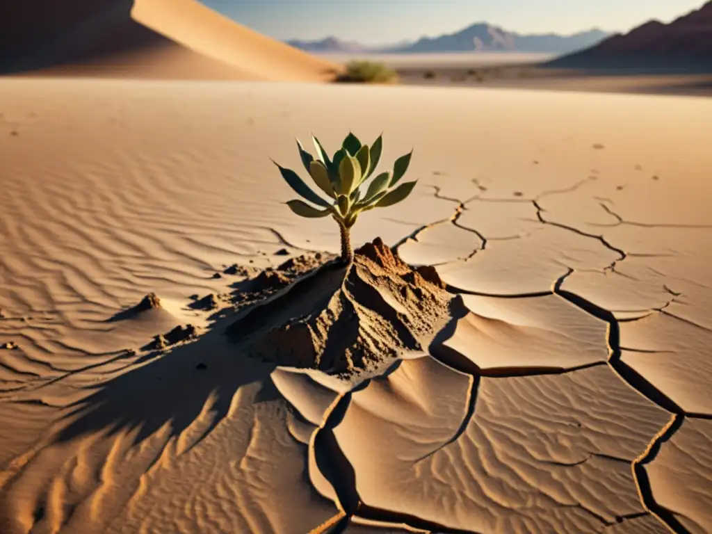 Un paisaje desértico árido con una planta resistente creciendo en la tierra seca y agrietada, simbolizando el potencial de vida en climas áridos con compostaje en seco