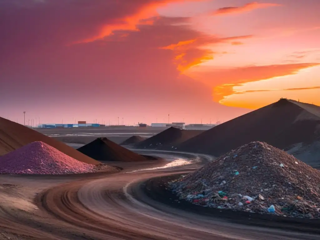 Un paisaje desolado al atardecer, con pilas de desechos no reciclados y una figura solitaria reflexionando sobre el impacto ambiental