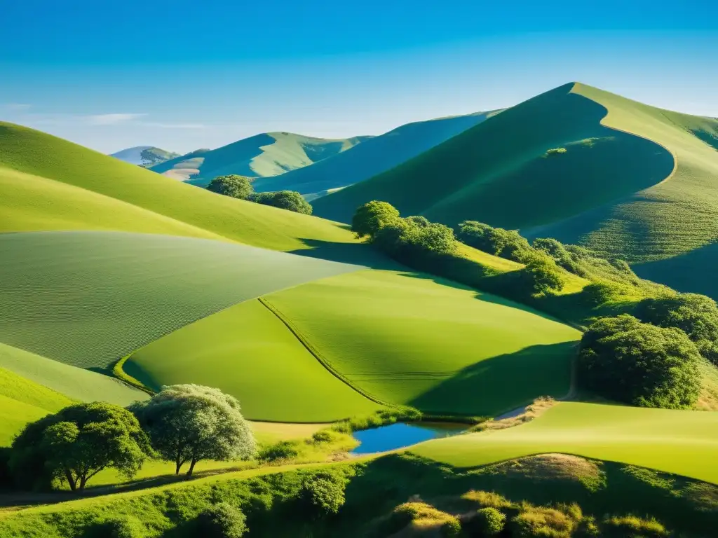 Un paisaje exuberante y sereno, con colinas verdes y cielo azul