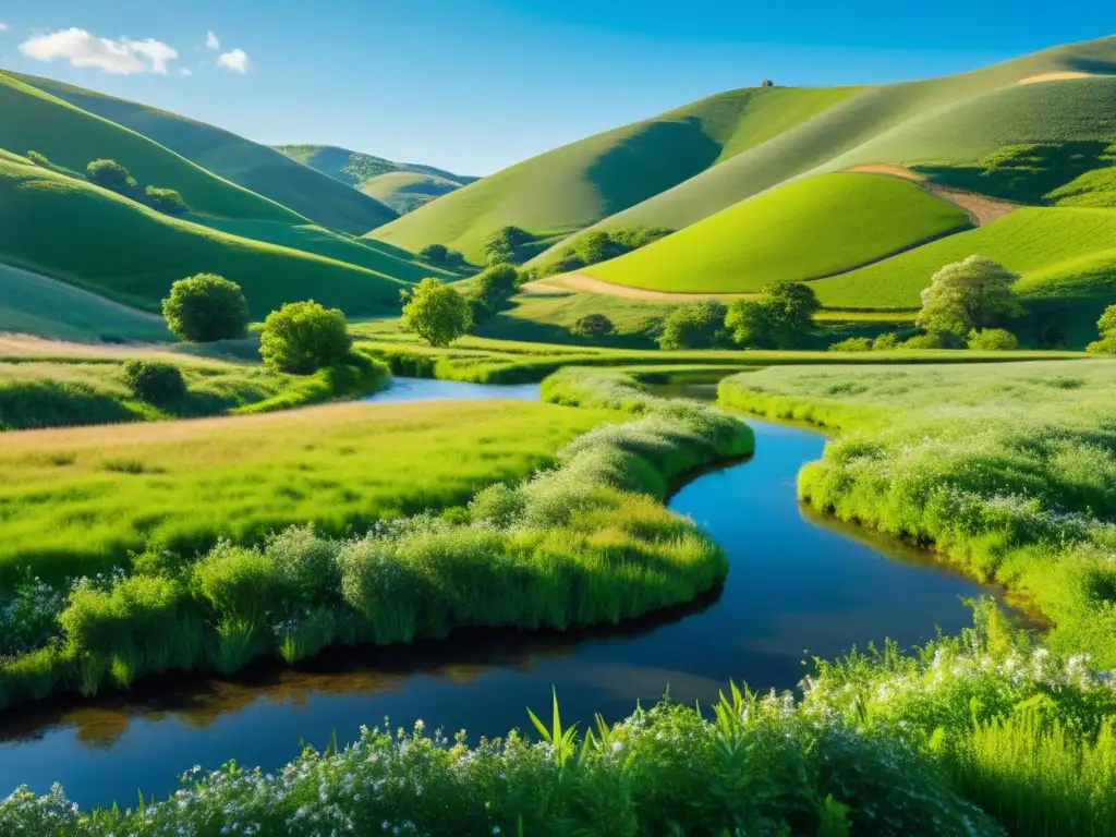 Campo verde idílico: armonía y sostenibilidad Un paisaje idílico con un campo exuberante, un arroyo y colinas al fondo, evocando la integración de prácticas sostenibles