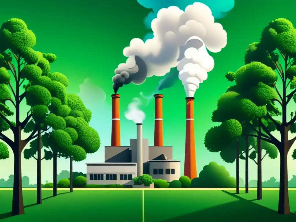 Un paisaje ilustrado minimalista de una fábrica con chimeneas humeantes, rodeada de exuberantes árboles y vida silvestre vibrante, simbolizando el impacto de la revolución industrial en el medio ambiente y la necesidad del reciclaje moderno