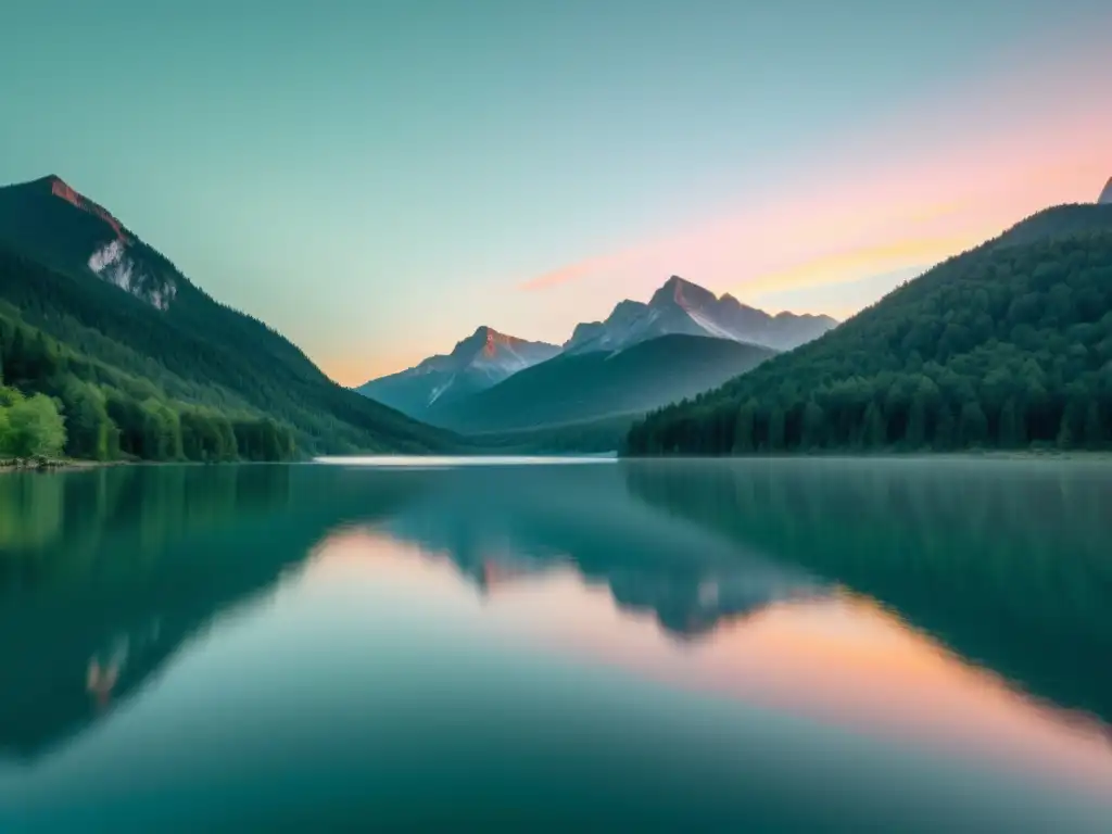 Un paisaje natural sereno con un lago cristalino, bosque exuberante y montañas reflejadas en el agua