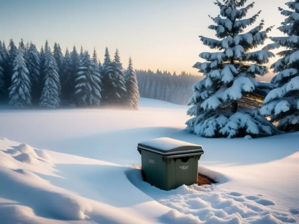 Un paisaje nevado con un compostador, indicando las mejores técnicas de compostaje en clima frío