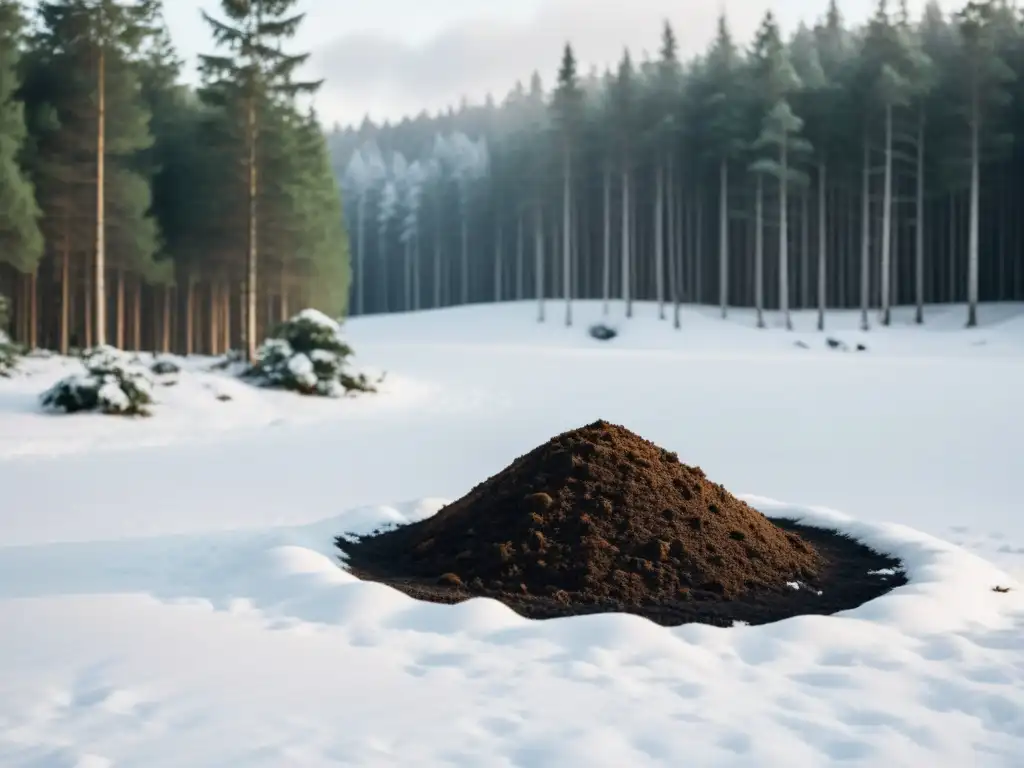 Un paisaje sereno de un bosque escandinavo cubierto de nieve con un compostaje en climas fríos Escandinavia, evocando armonía con la naturaleza