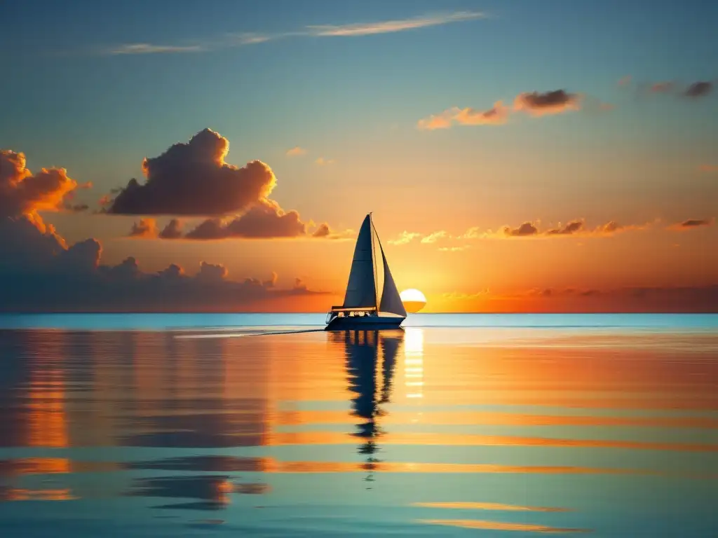 Un paisaje sereno de océano al atardecer, con un velero solitario capturando la última luz del día