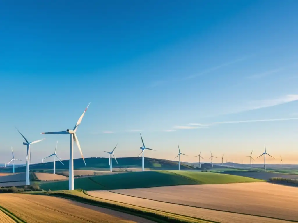 Un paisaje tranquilo de campo con un moderno parque eólico al fondo, exudando energía alternativa sostenible en armonía con la naturaleza