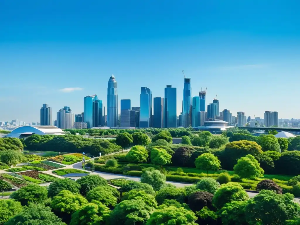 Un paisaje urbano con instalaciones de reciclaje y compostaje integradas, mostrando la armonía entre la ciudad y la responsabilidad ambiental