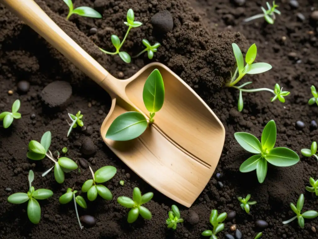 Shovel ecológico en tierra fértil con brotes verdes Una pala de jardinería biodegradable descansa sobre tierra rica con brotes verdes, destacando los beneficios de palas biodegradables para el huerto