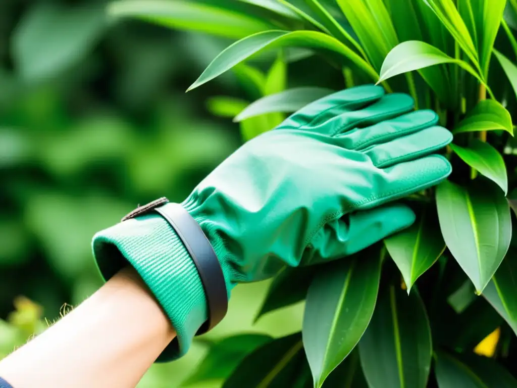 Un par de guantes de jardinería sostenibles orgánicos con diseño minimalista, fabricados con materiales sostenibles como bambú y plástico reciclado