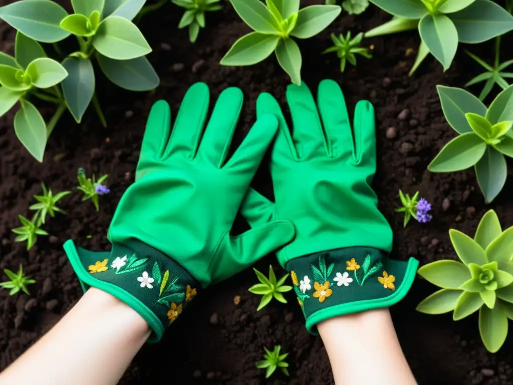 Un par de guantes de jardinería sostenibles orgánicos descansando sobre tierra oscura, con plantas verdes y flores al fondo