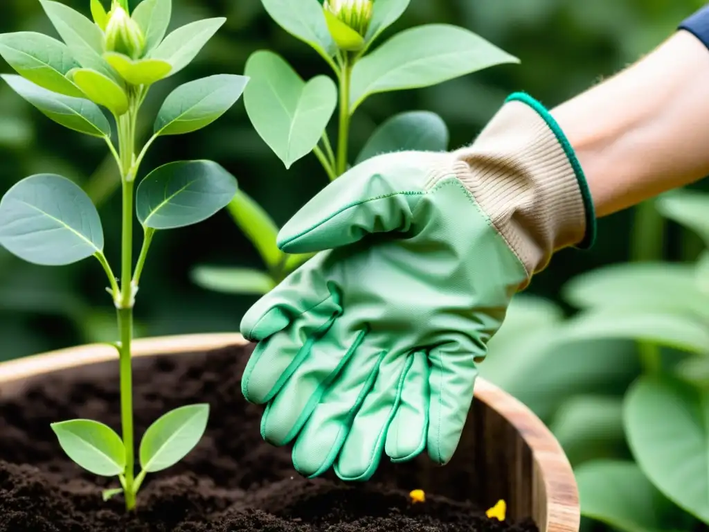 Un par de guantes de jardinería sostenibles orgánicos en uso, en armonía con la naturaleza, rodeados de exuberante vegetación y flores vibrantes