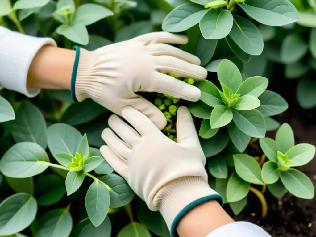 Un par de guantes de jardinería sostenibles orgánicos en un jardín exuberante, transmitiendo profesionalismo y ecoamigabilidad