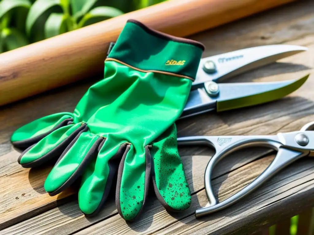 Un par de guantes de jardinería verdes y tijeras de podar descansan sobre un banco de madera, iluminados por una cálida luz natural