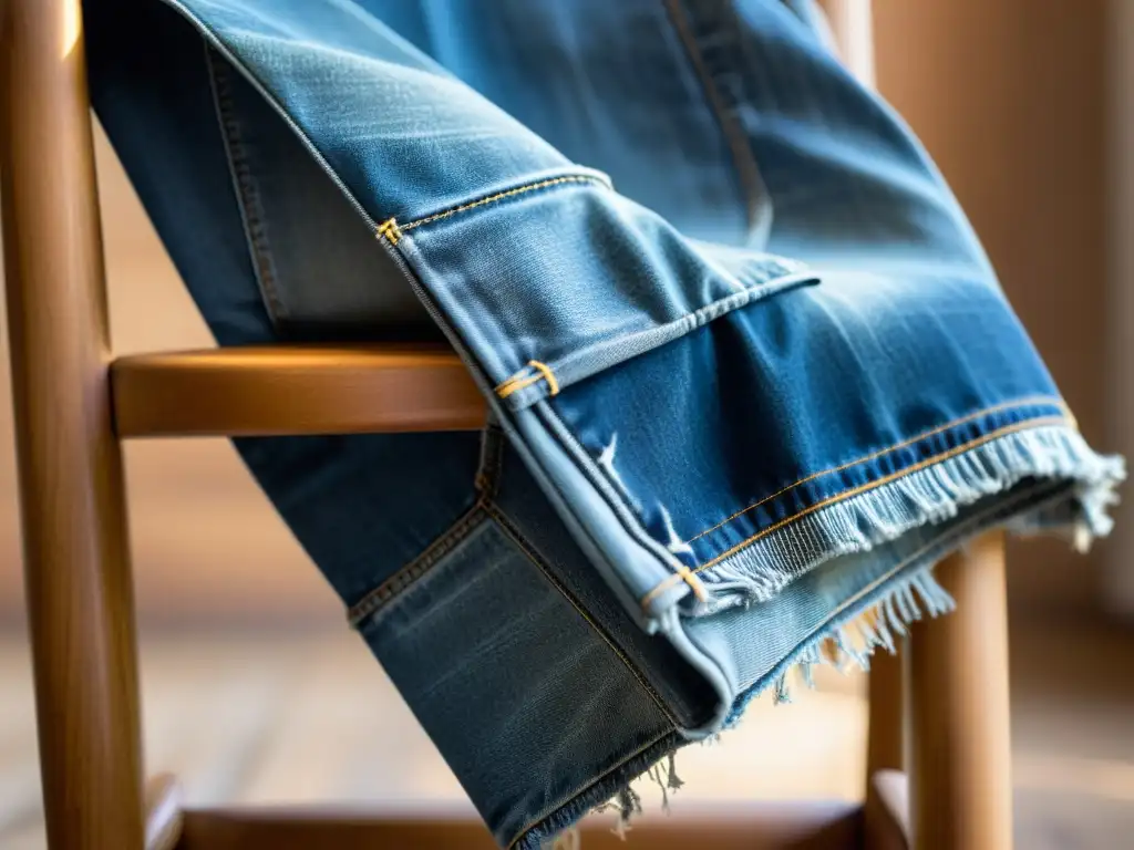 Un par de jeans desgastados descansan sobre una silla de madera, iluminados por el sol