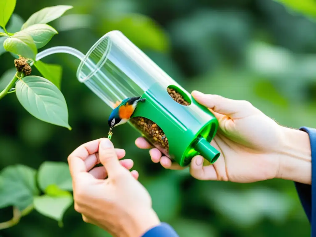 Un par de manos cortan y moldean una botella de plástico, creando un comedero para aves