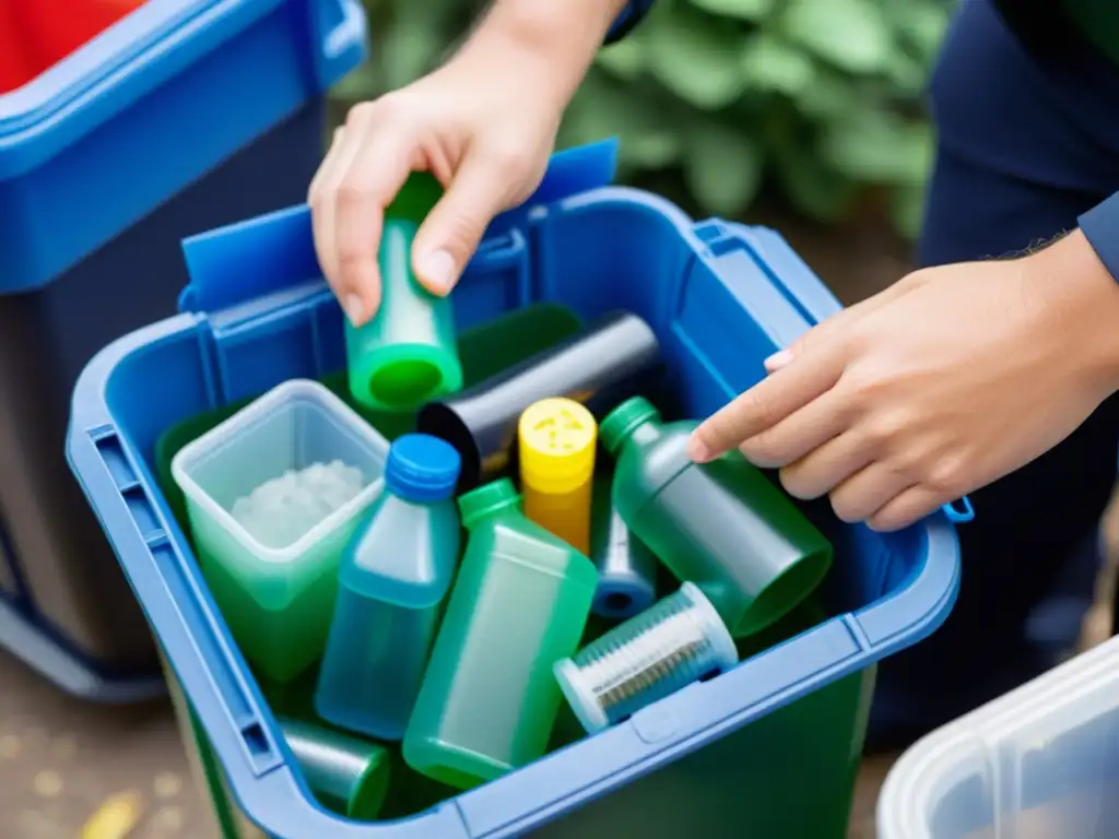 Un par de manos clasifican con cuidado plásticos en contenedores de reciclaje