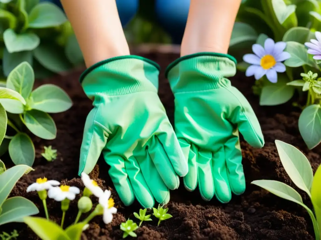 Un par de manos cuidadosas protegen un tierno plantón en un jardín sereno, usando guantes de jardinería sostenibles orgánicos